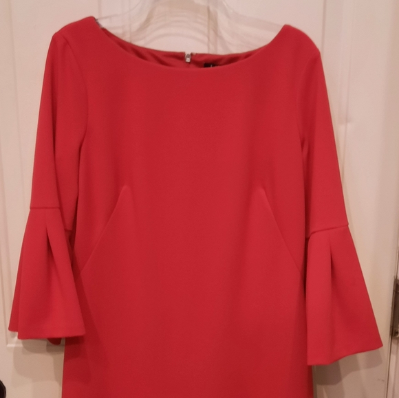 Red,knee length, dress with bell 3/4 sleeves. - Picture 1 of 4